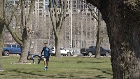 Young man having a run in the park on a sunny spring day. 4K UHD. Stock Footage 74858014