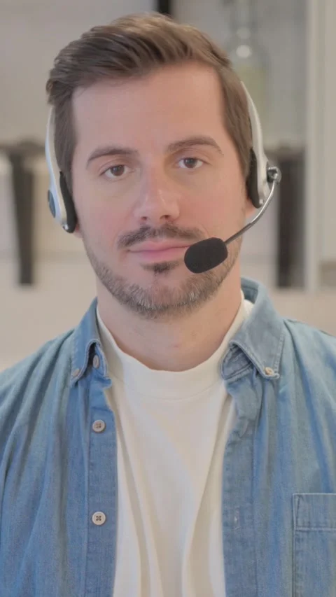 Young Man with Headset Looking toward Camera in Call Center, vertical video 스톡 동영상 328565311