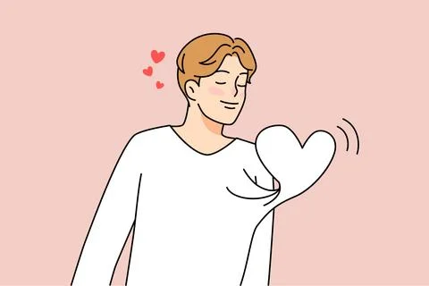 Young man with heart beating in chest Stock Illustration