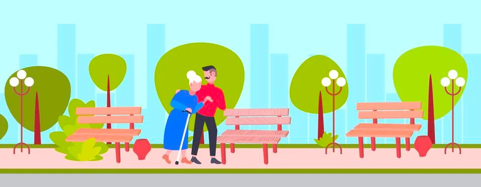 Young man helping elderly gray haired grandmother guy strolling with old lady Stock Illustration