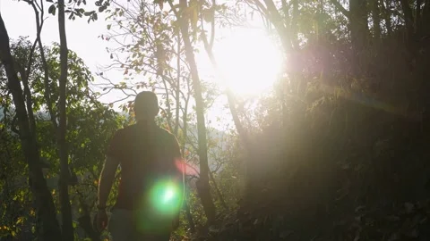 Young man hiking on forest path arriving to peak. Male backpacker hiking on Stock Footage 196000873
