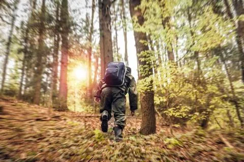 Young man hiking outdoor  in the forest Stock Photos