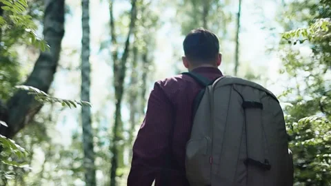 Young man hiking through the forest looking around feeling happy Stock Footage 139609803
