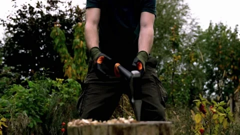 Young man hitting axe into wooden chopping block Stock Footage 220083865