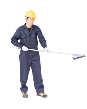 Young man hold squeegee window cleaner isolated on white Foto stock