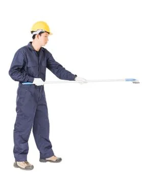 Young man hold squeegee window cleaner isolated on white Stock Photos