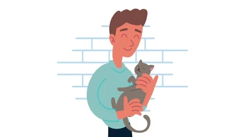 Young man holding and hugging a cute grey cat with affection animated illus.. Video stock 338401617