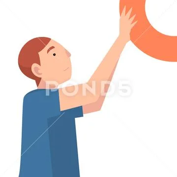 Young Man Holding and Organizing Abstract Curcular Geometric Shape Vector Stock Illustration