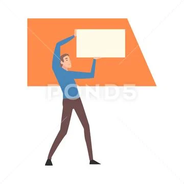 Young Man Holding and Organizing Abstract Rectangular Geometric Shapes Vector Stock Illustration