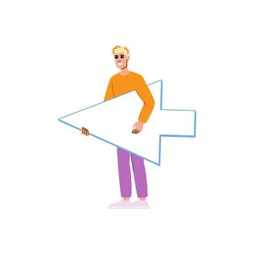 Young man holding big left arrow cursor showing direction イラスト素材