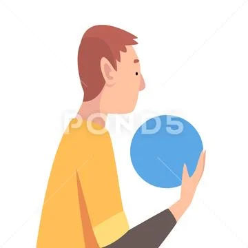 Young Man Holding Blue Ball, Guy Organizing Circular Abstract Geometric Shape Stock Illustration