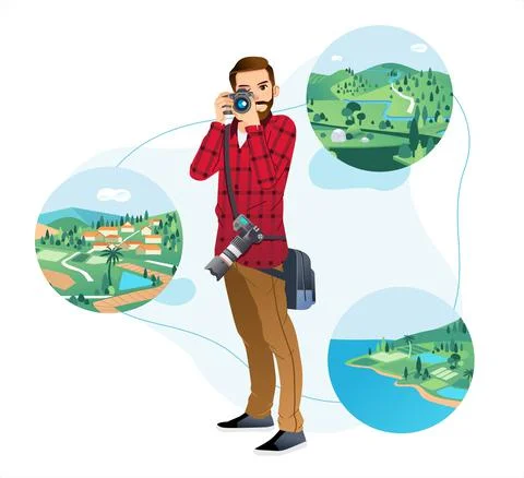 Young man holding camera and taking picture in nature landscape with white ba Stock Illustration