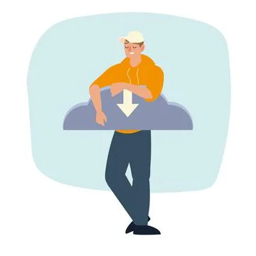 Young man holding cloud computing with down arrow Illustrazione stock