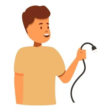 Young man holding electrical plug, connecting or charging device Stock Illustration