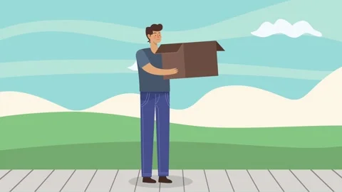 Young man holding empty cardboard box outdoors while standing on wooden wal.. 스톡 동영상 334090206
