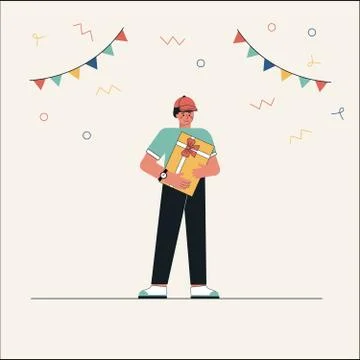 Young man holding a gift box. Concept for a holiday card birthday or Valentine's Illustrazione stock