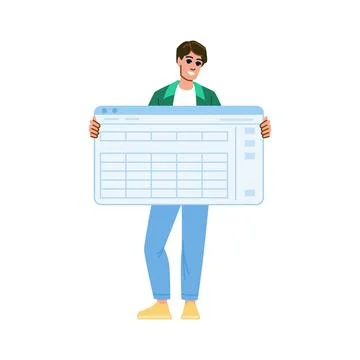 Young man holding a large spreadsheet or table in a browser window Stock Illustration