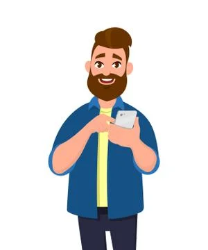Young man holding or using smartphone. Mobile phone concept. Vector cartoon. Stock Illustration