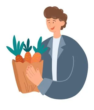 Young man holding package with fresh vegetables. Smiling man with carrot vegg Stock Illustration