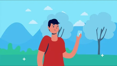 Young man holding smartphone standing in beautiful park with moving trees a.. Stock Footage 339269787