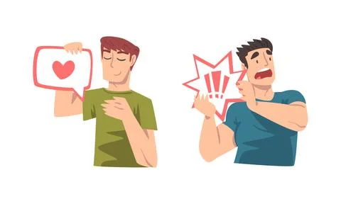 Young Man Holding Speech Chat Bubble in Her Hands Vector Set Illustrazione stock