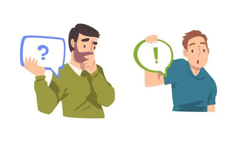 Young Man Holding Speech Chat Bubble in Her Hands Vector Set Illustrazione stock