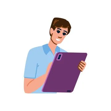 Young man holding a tablet, browsing internet websites and social media, enjo Stockillustratie