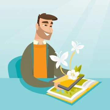 Young man holding tablet computer above the book. Stock-Illustration