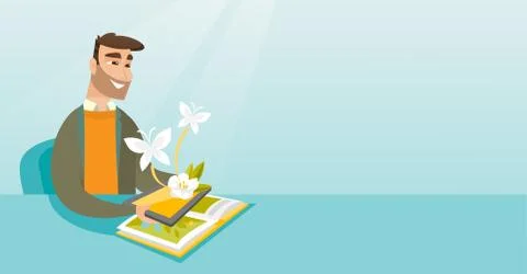 Young man holding tablet computer above the book. Stock-Illustration