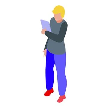 Young man holding tablet, playing, browsing, studying, working Stock Illustration