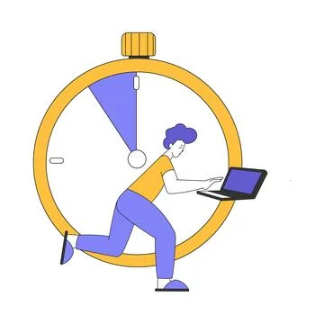 Young Man at Huge Clock with Laptop Multitasking Accomplishing Task Having 스톡 일러스트