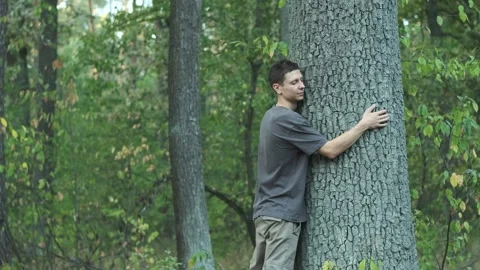 Young man hugging tree at park. Harmony Calm Relaxation. Save Earth Green Planet Stock Footage 295929295
