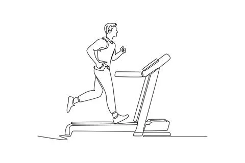 Young man is intensely running on treadmill, mid-stride and focused Stock Illustration