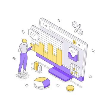 Young Man Interacting With Data Dashboard Bar Chart Screen Isometric Vector.. Stock Illustration