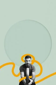 Young man interacts creatively with a circular element and flowing lines in a Stock Photos