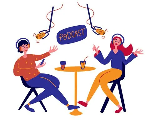 Young man interviewing a guest in a studio for a podcast. People talking to m Stock Illustration