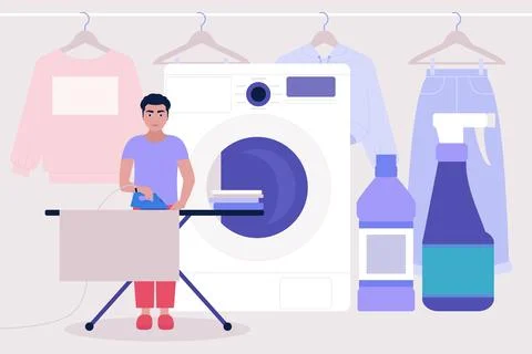 Young man ironing of linen Stock Illustration