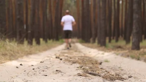 Young man jogging in the woods. Narrow focus. Stock Footage 150260451