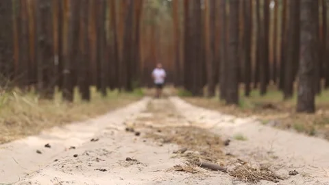 Young man jogging in the woods. Narrow focus. Stock Footage 150260488