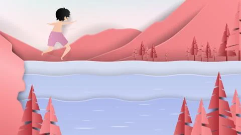 Young man jumping from cliff into river surrounded by mountains, paper art Stock Illustration