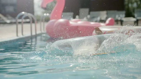 Young Man Jumping in Swimming Pool Enjoying Summer Vacation Having Fun Swim on Stock Footage 223831442