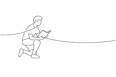 Young man kneeling and reading book. Continuous line vector for literacy design Stock Illustration