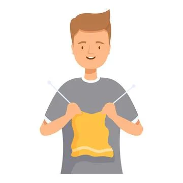Young man knitting with needles and yellow yarn, smiling and enjoying his hobby Stock Illustration