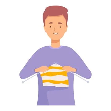 Young man knitting a striped wool sweater with knitting needles Stock Illustration