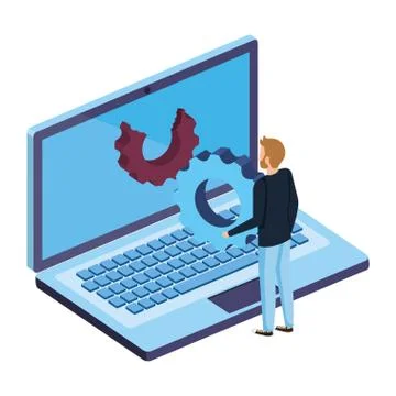 Young man with laptop computer and gear settings 스톡 일러스트