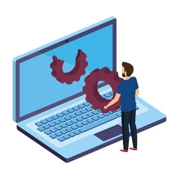 Young man with laptop computer and gear settings Stock Illustration