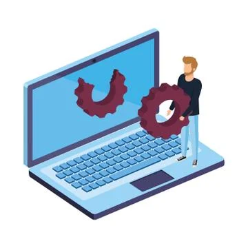 Young man with laptop computer and gear settings 스톡 일러스트