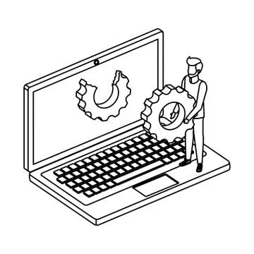 Young man with laptop computer and gear settings 스톡 일러스트