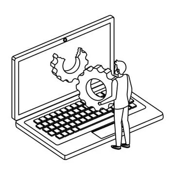 Young man with laptop computer and gear settings Stock Illustration