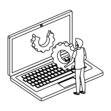 Young man with laptop computer and gear settings 스톡 일러스트
